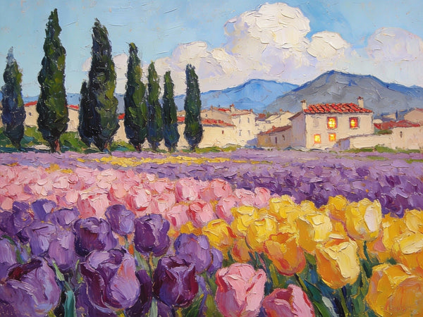 Blooming Tulips in the Countryside, Small Oil Paintings on Canvas, Hand Painted Canvas Art, Heavy Texture Oil Paintings, Original Artwork Small Paintings, Small Wall Paintings-ArtWorkCrafts.com