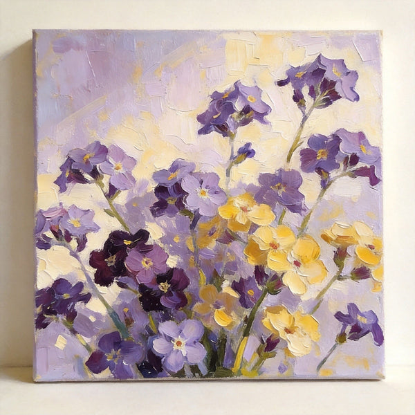 Small Canvas Artwork, Original Flower Paintings, Blooming Purple Yellow Forget-me-nots, Still Life Painting, Hand Painted Canvas Art, Buy Small Paintings Online-ArtWorkCrafts.com