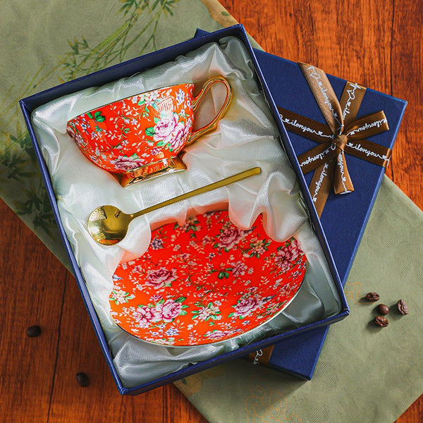 Porcelain Tea Cup and Saucer Set, Floral Ceramic Coffee Cup with Saucer, Traditional English Tea Cup and Saucer Set, Afternoon British Tea Cup with Saucer-ArtWorkCrafts.com