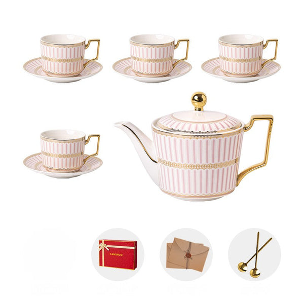Ceramic Coffee Cups for Office, Beautiful British Tea Cups with Teapot, Modern Porcelain Cup and Saucer with Teapot, Pink Porcelain Tea Cup Set-ArtWorkCrafts.com
