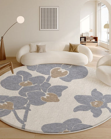 Bedroom Abstract Modern Area Rugs, Contemporary Modern Rugs, Geometric Round Rugs for Dining Room, Flower Pattern Circular Modern Rugs under Chairs-ArtWorkCrafts.com