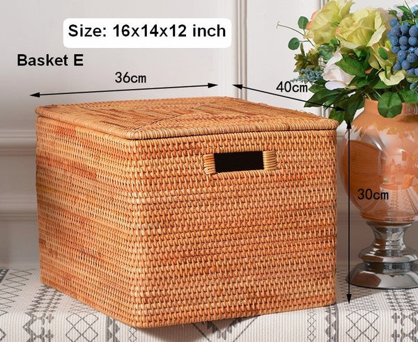 Oversized Rectangular Storage Basket with Lid, Woven Rattan Storage Basket for Shelves, Storage Baskets for Bedroom, Extra Large Storage Baskets for Clothes-ArtWorkCrafts.com