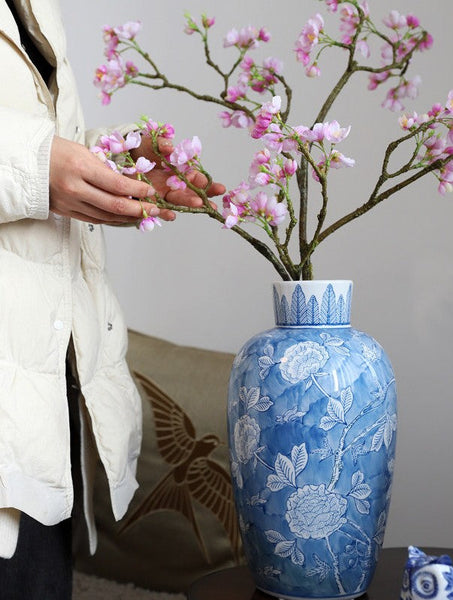 Large Flower Vases on Dining Table, Blue Porcelain Flower Vases, Centerpiece Ceramic Bouquet Vases, Handmade Modern Flower Vase-ArtWorkCrafts.com