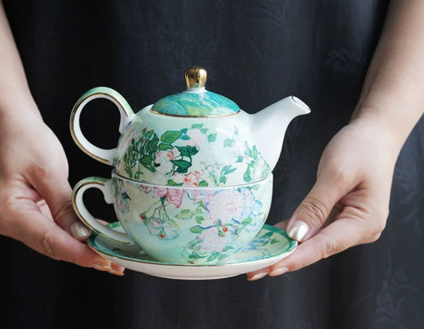 Ceramic Tea Pot with Integrated Cup, Mother-and-Baby Teapot with Matching Saucer, Vintage Style Stackable Tea Pot Set, English Style Tea Pot and Cup Set-ArtWorkCrafts.com