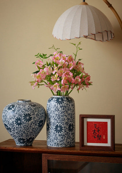 Centerpiece on Dining Table, Large Blue Flower Vase on Table, Vintage Bouquet Flower Vases, Handmade Porcelain Flower Vases Urn, Water Holding Flower Vases-ArtWorkCrafts.com