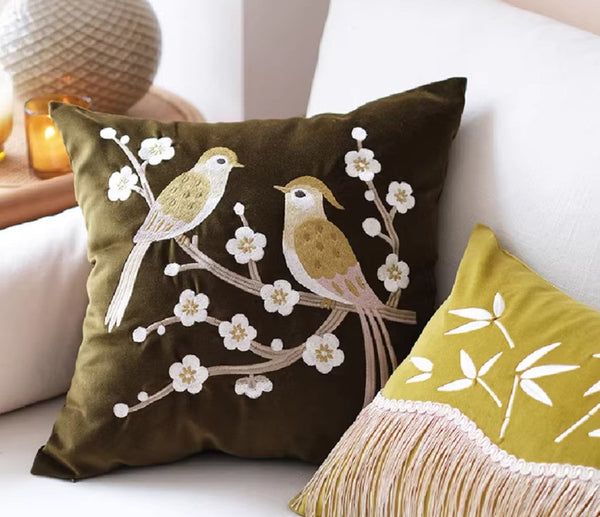 Embroidered birds cushion, Decorative Pillows for Couch, Vintage Decorative Pillows, Modern Throw Pillows for Bedroom, Decorative Pillow Arrangement Ideas for Couch-ArtWorkCrafts.com