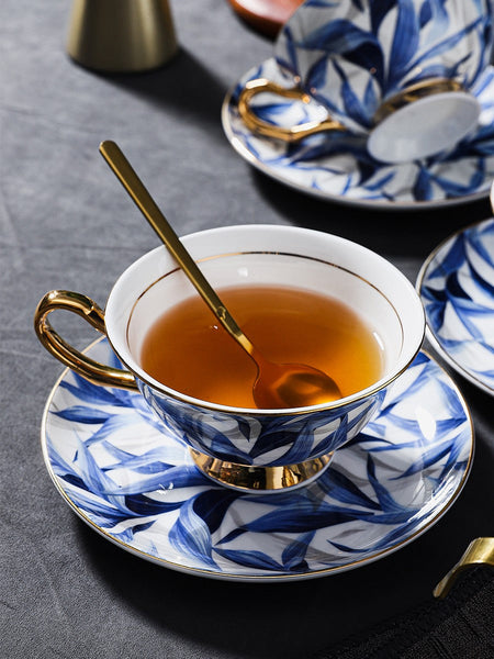 Unique British Tea Cup and Saucer in Gift Box, Blue Porcelain Tea Cup Saucer Set, 7.4 oz British Ceramic Coffee Cups-ArtWorkCrafts.com
