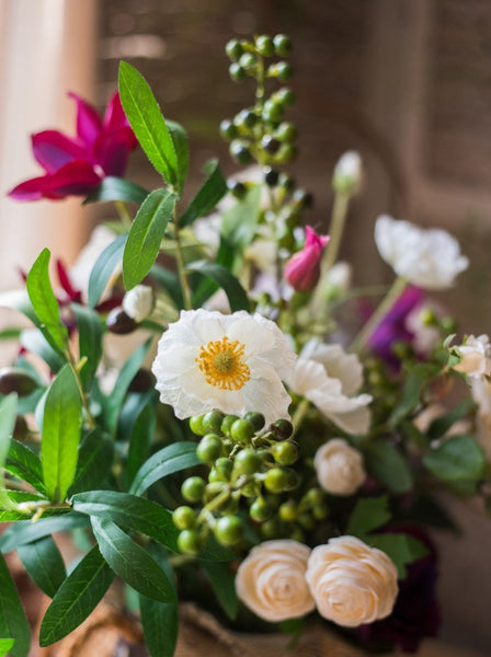 Clematis, Olive Branch, Sweet Alyssum, Corn poppy, Cranberry, Iceberg Rose Flowers, Unique Flower Arrangement for Home Decoration, Beautiful Artificial Flowers for Living Room-ArtWorkCrafts.com