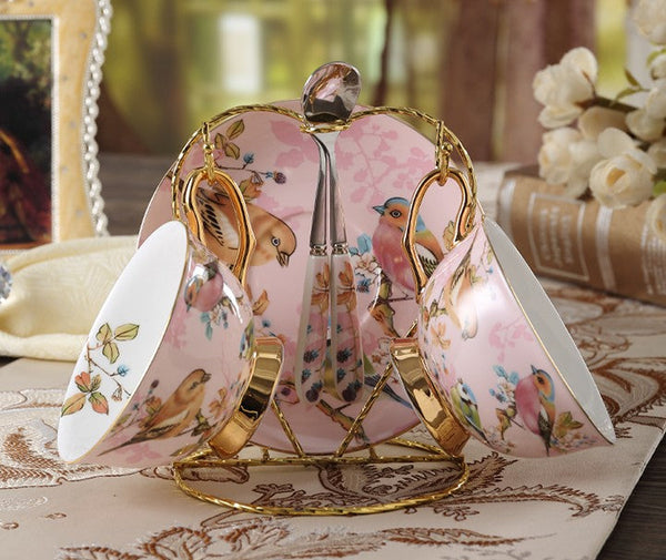 Elegant Ceramic Coffee Cups, Beautiful British Tea Cups, Bird Bone China Porcelain Tea Cup Set, Tea Cups and Saucers in Gift Box as Birthday Gift-ArtWorkCrafts.com