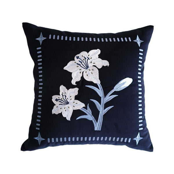 Dark Blue Lily Embroidered Cushion, Living Room Decorative Pillows, Decorative Pillow Arrangement Ideas for Couch, Large Decorative Pillows for Couch, Modern Throw Pillows for Bedroom-ArtWorkCrafts.com