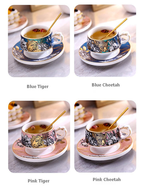 Unique Ceramic Cups with Gold Trim and Gift Box, Creative Ceramic Tea Cup and Saucer, Jungle Tiger Cheetah Porcelain Coffee Cups