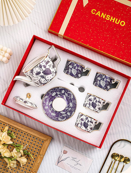 British Traditional Afternoon Tea Cup Set of 4 cups, 8 oz Ceramic Coffee Cup with Saucer in Gift Box, Porcelain Tea Cup and Saucer Set with Teapot-ArtWorkCrafts.com