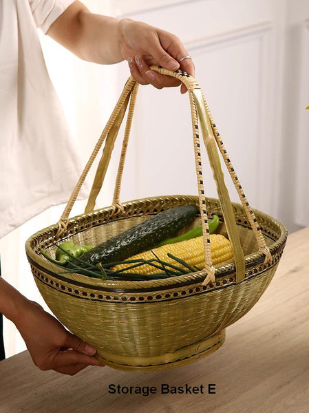 Natural Hand-woven Bamboo Basket, Extra Large Picnic Food Basket with Handle, Lovely Bamboo Baskets for Vegetable, Natural Fruit Basket Kitchen Storage Baskets-ArtWorkCrafts.com