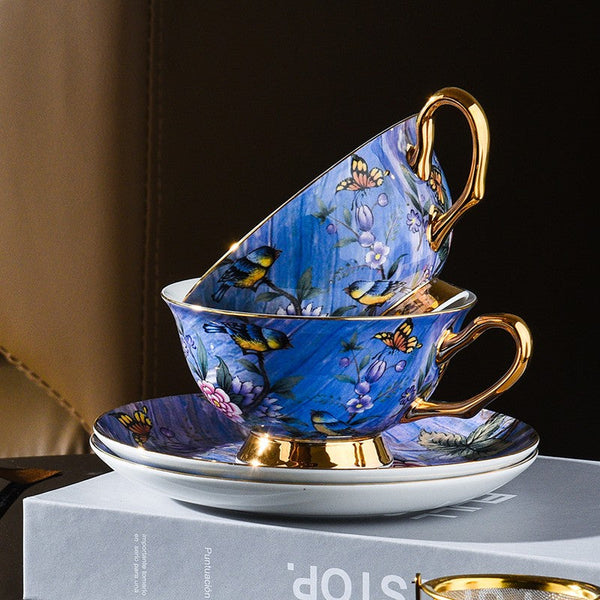 Blue Bird and Butterfly Porcelain Tea Cup Saucer Set, 7.4 oz British Tea Cup and Saucer in Gift Box, Elegant British Ceramic Coffee Cups-ArtWorkCrafts.com