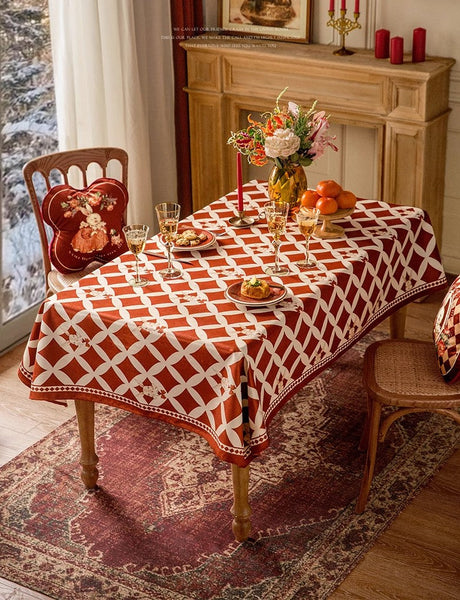 Holiday Red Tablecloth for Dining Table, Rabbit Pattern Table Cover for Dining Room Table, Modern Rectangle Tablecloth for Oval Table-ArtWorkCrafts.com
