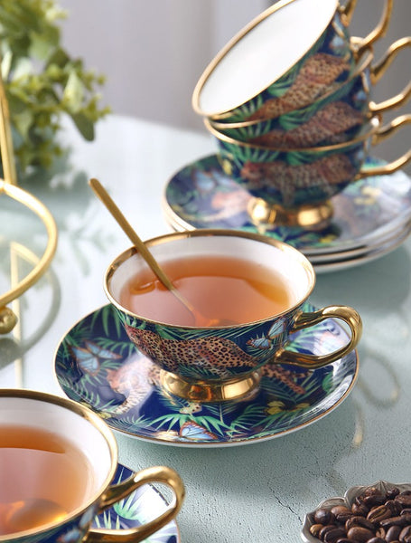 Creative Leopard Ceramic Coffee Cups, Unique Tea Cups and Saucers in Gift Box as Birthday Gift, Beautiful British Tea Cups, Creative Bone China Porcelain Tea Cup Set-ArtWorkCrafts.com