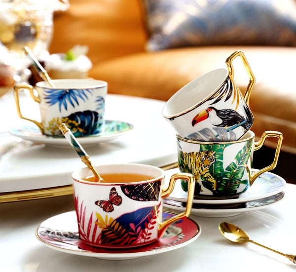 Elegant Tea Cups and Saucers, Jungle Toucan Pattern Porcelain Coffee Cups, Coffee Cups with Gold Trim and Gift Box-ArtWorkCrafts.com