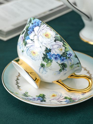 Elegant British Ceramic Coffee Cups, 7.4 oz Tea Cup and Saucer in Gift Box, Royal Porcelain Tea Cup Saucer Set, Rose Flower Pattern Ceramic Cups-ArtWorkCrafts.com