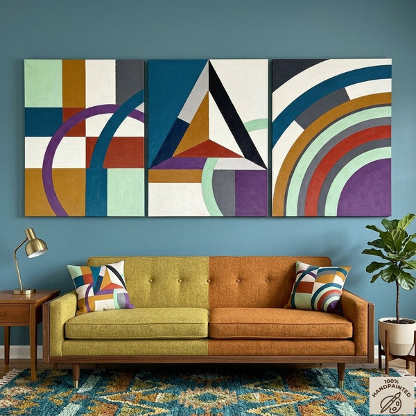 Multi Panel Canvas Art, Geometric Pattern Contemporary Artwork, Abstract Paintings for Mid Century Modern Living Room-ArtWorkCrafts.com