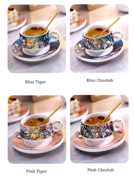 Handmade Ceramic Cups with Gold Trim and Gift Box, Jungle Tiger Cheetah Porcelain Coffee Cups, Creative Ceramic Tea Cups and Saucers-ArtWorkCrafts.com