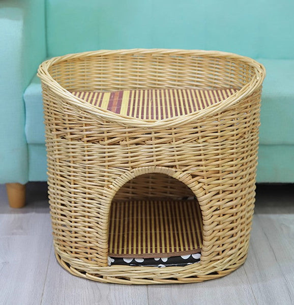 Washable Wicker Cat Bed, Wicker Cat House with Washable Cushion for Indoor Cats and Dogs-ArtWorkCrafts.com