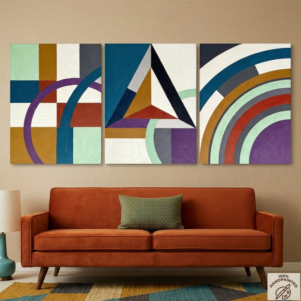 Multi Panel Canvas Art, Geometric Pattern Contemporary Artwork, Abstract Paintings for Mid Century Modern Living Room-ArtWorkCrafts.com