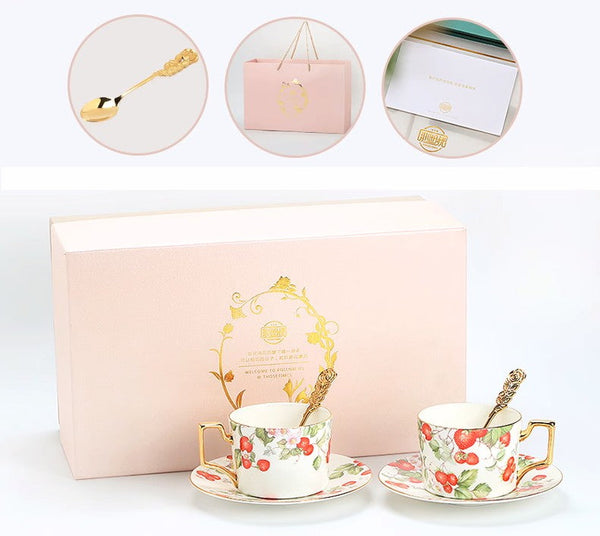 Strawberry Bone China Porcelain Tea Cup Set, Elegant Ceramic Coffee Cups, British Royal Ceramic Cups for Afternoon Tea, Unique Blue Tea Cup and Saucer in Gift Box-ArtWorkCrafts.com