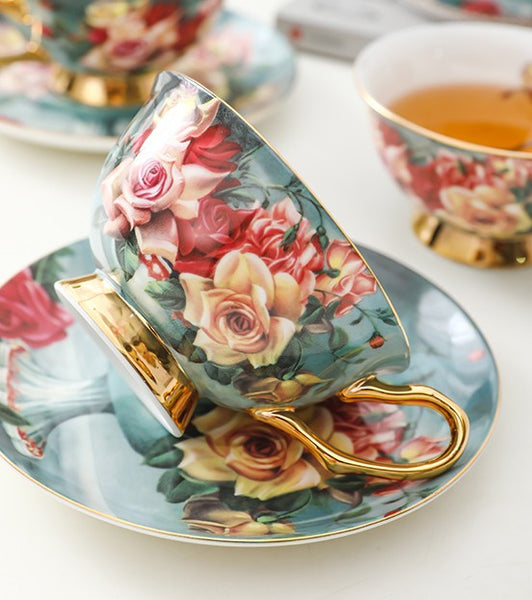 Rose Royal Ceramic Cups, Elegant Flower Ceramic Coffee Cups, Afternoon Porcelain Tea Cup Saucer Set, 6.8 oz Tea Cup and Saucer in Gift Box-ArtWorkCrafts.com