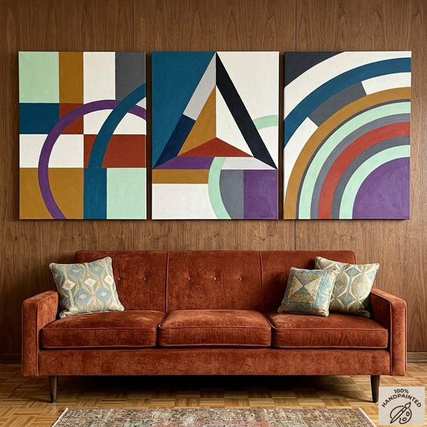 Multi Panel Canvas Art, Geometric Pattern Contemporary Artwork, Abstract Paintings for Mid Century Modern Living Room-ArtWorkCrafts.com