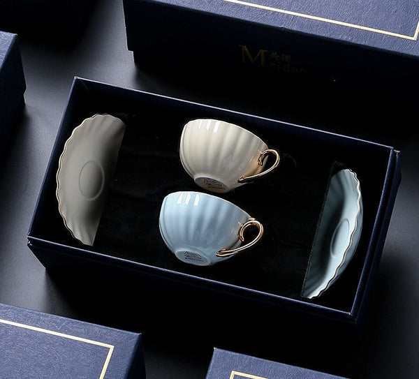 French Style Tea Cup and Saucer in Gift Box as Birthday Gift, Elegant Macaroon Ceramic Coffee Cups, Porcelain Tea Cup Saucer Set of 2 Cups, Beautiful British Tea Cups-ArtWorkCrafts.com