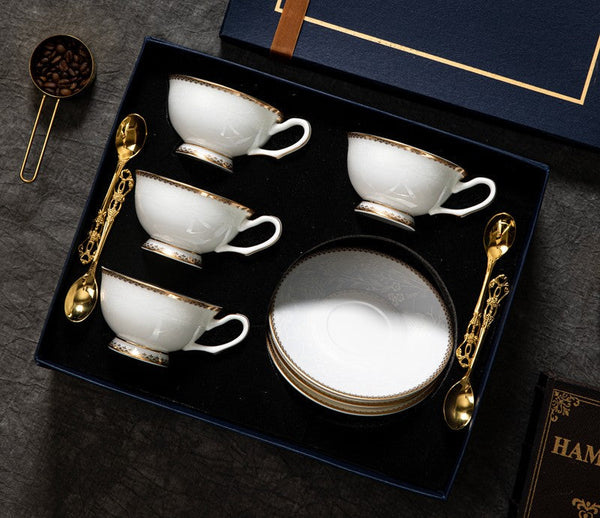 Bone China Porcelain Coffee Cup Set, White Ceramic Cups, Elegant British Ceramic Coffee Cups, Unique Tea Cup and Saucer in Gift Box-ArtWorkCrafts.com