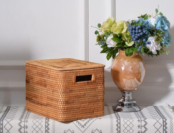 Rectangular Storage Basket with Lid, Rattan Storage Basket for Shelves, Extra Large Storage Baskets for Bedroom, Storage Baskets for Clothes-ArtWorkCrafts.com