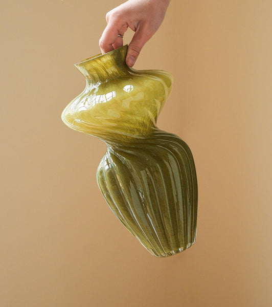 Handmade Contemporary Glass Vases, Modern Green Vases for Living Room, Mid Century Vases for Flowers, Unique Decorative Glass Vase, Centerpiece Vases on Table-ArtWorkCrafts.com