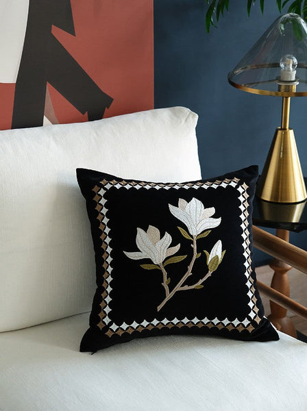 Magnolia Embroidered Cushion, Decorative Pillow Arrangement Ideas for Couch, Large Decorative Pillows for Couch, Modern Throw Pillows for Bedroom, Living Room Decorative Pillows-ArtWorkCrafts.com