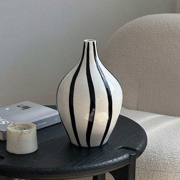 Water Holding Flower Vases, Black and White Striped Ceramic Vase, Porcelain Flower Vases, Modern Flower Vases on Table-ArtWorkCrafts.com