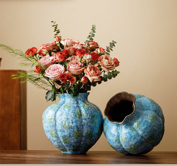 Pottery Flower Vases, Modern Bouquet Flower Vases, Centerpiece on Dining Table, Blue Flower Vase on Table, Handmade Water Holding Flower Vases-ArtWorkCrafts.com