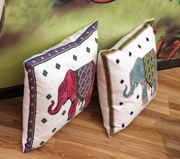 Cotton Decorative Pillows, Elephant Embroider Cotton Pillow Covers, Farmhouse Decorative Sofa Pillows, Decorative Throw Pillows for Couch-ArtWorkCrafts.com