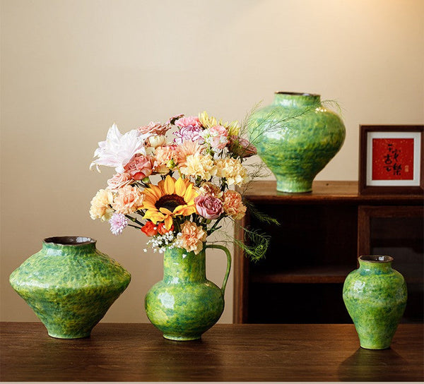 Modern Pottery Flower Vases, Handmade Water Holding Flower Vases, Pottery Bud Vases, Large Green Flower Vases on Table, Centerpiece on Dining Table-ArtWorkCrafts.com