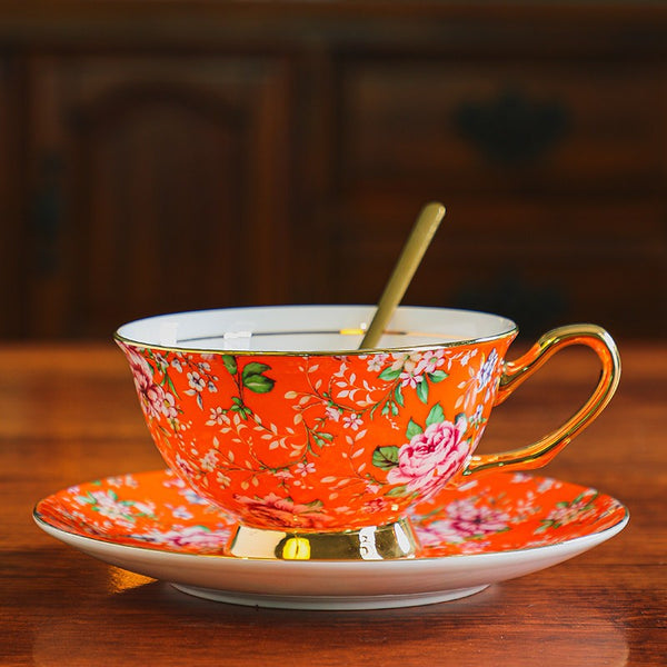Porcelain Tea Cup and Saucer Set, Floral Ceramic Coffee Cup with Saucer, Traditional English Tea Cup and Saucer Set, Afternoon British Tea Cup with Saucer-ArtWorkCrafts.com