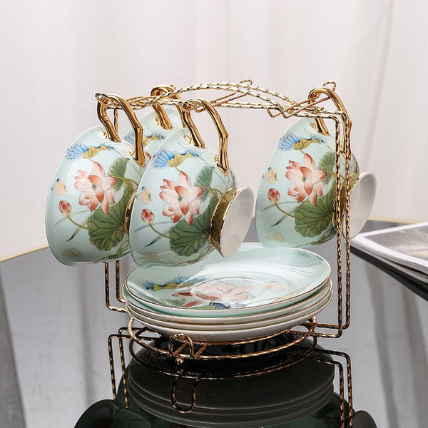 Unique British Tea Cup and Saucer in Gift Box, Lotus Flower Porcelain Tea Cup Saucer Set, Elegant British Ceramic Coffee Cups-ArtWorkCrafts.com