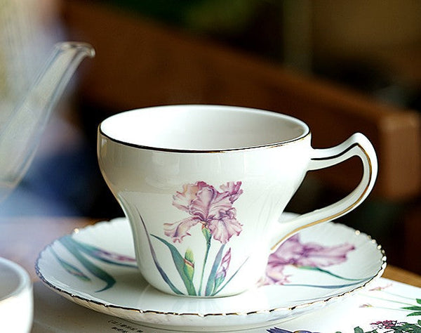 Iris Flower British Tea Cups, Beautiful Bone China Porcelain Tea Cup Set, Traditional English Tea Cups and Saucers, Unique Ceramic Coffee Cups in Gift Box-ArtWorkCrafts.com