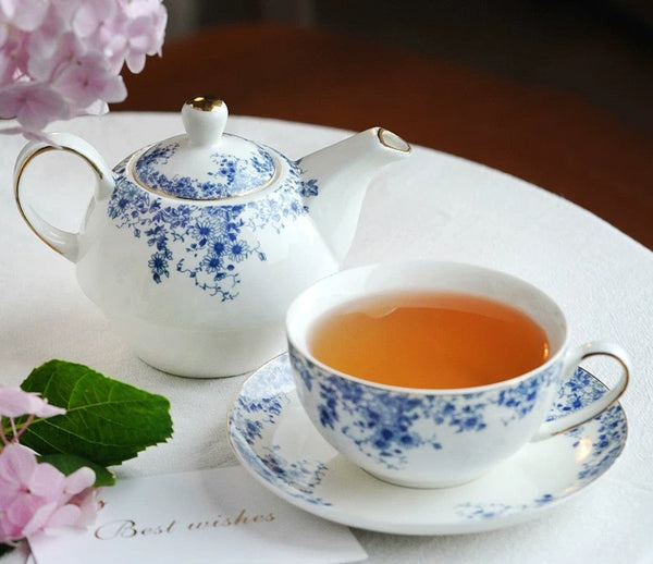British Style Porcelain Teapot with Matching Cup and Saucer in Gift Box, Ceramic Tea Pot with Integrated Cup, Stackable Teapot and Cup Set, Mother-and-Baby Teapot with Matching Saucer-ArtWorkCrafts.com