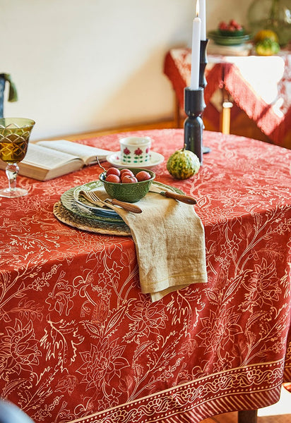 Red Christmas Flower Pattern Tablecloth for Oval Table, Large Modern Rectangle Tablecloth for Dining Room Table, Square Table Covers for Kitchen, Farmhouse Table Cloth for Round Table-ArtWorkCrafts.com