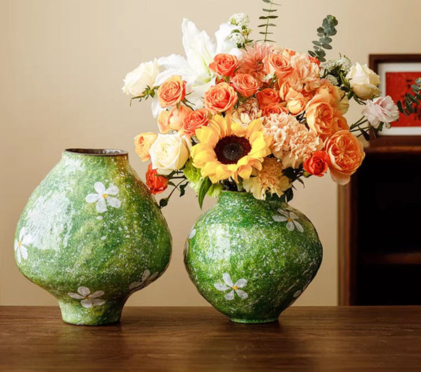 Modern Pottery Flower Vases, Centerpiece on Dining Table, Handmade Water Holding Flower Vases, Pottery Bud Vases, Large Green Flower Vases on Table-ArtWorkCrafts.com