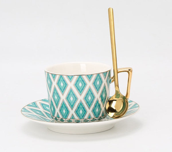 Afternoon Green British Tea Cups, Unique Ceramic Coffee Cups, Creative Bone China Porcelain Tea Cup Set, Traditional English Tea Cups and Saucers-ArtWorkCrafts.com