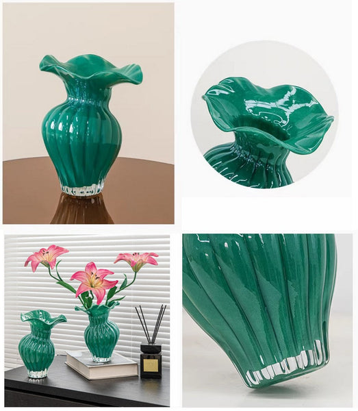 Contemporary Vases for Modern Home Decor, Unique Handmade Liuli Vases, Color Glaze Vase, Green Glass Bud Vases, Centerpiece Vases on Table-ArtWorkCrafts.com