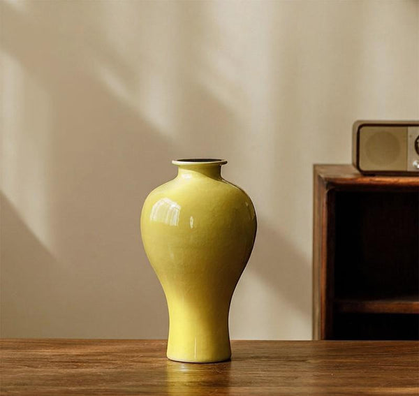 Handmade Water Holding Flower Vase, Yellow Flower Vases on Table, Ceramic Bud Vases, Porcelain Flower Vases-ArtWorkCrafts.com