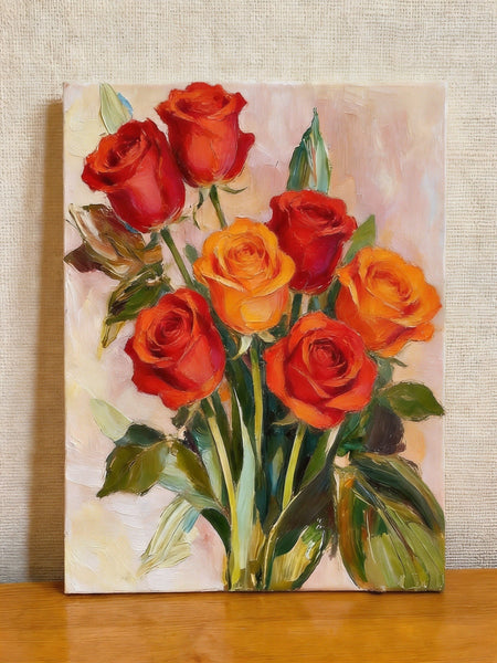 Hand Painted Canvas Art, Original Flower Paintings, A Bunch of Red Rose Flowers, Original Oil Paintings, Small Canvas Artwork-ArtWorkCrafts.com