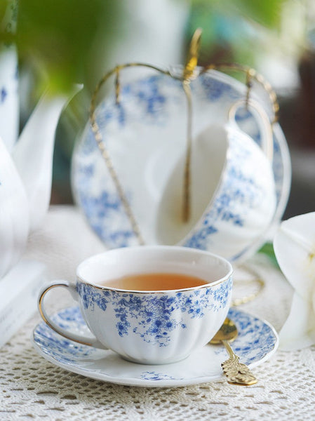 Blue Bone China Porcelain Tea Cup Set, British Royal Ceramic Cups for Afternoon Tea, Unique Blue Tea Cup and Saucer in Gift Box, Elegant Ceramic Coffee Cups-ArtWorkCrafts.com