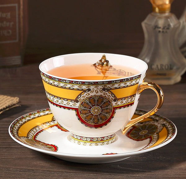 Handmade Beautiful British Tea Cups, Creative Bone China Porcelain Tea Cup Set, Yellow Royal Ceramic Coffee Cups, Unique Tea Cups and Saucers-ArtWorkCrafts.com